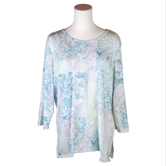 Alfred Dunner Mint Aqua Damask Rhinestone Top M 3/4 Sleeve Stretch Lace Blouse - Picture 1 of 9